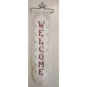 Wall Hanging Lace "Welcome" Sign Fabric Cross Stitch‎ Vintage Cottage